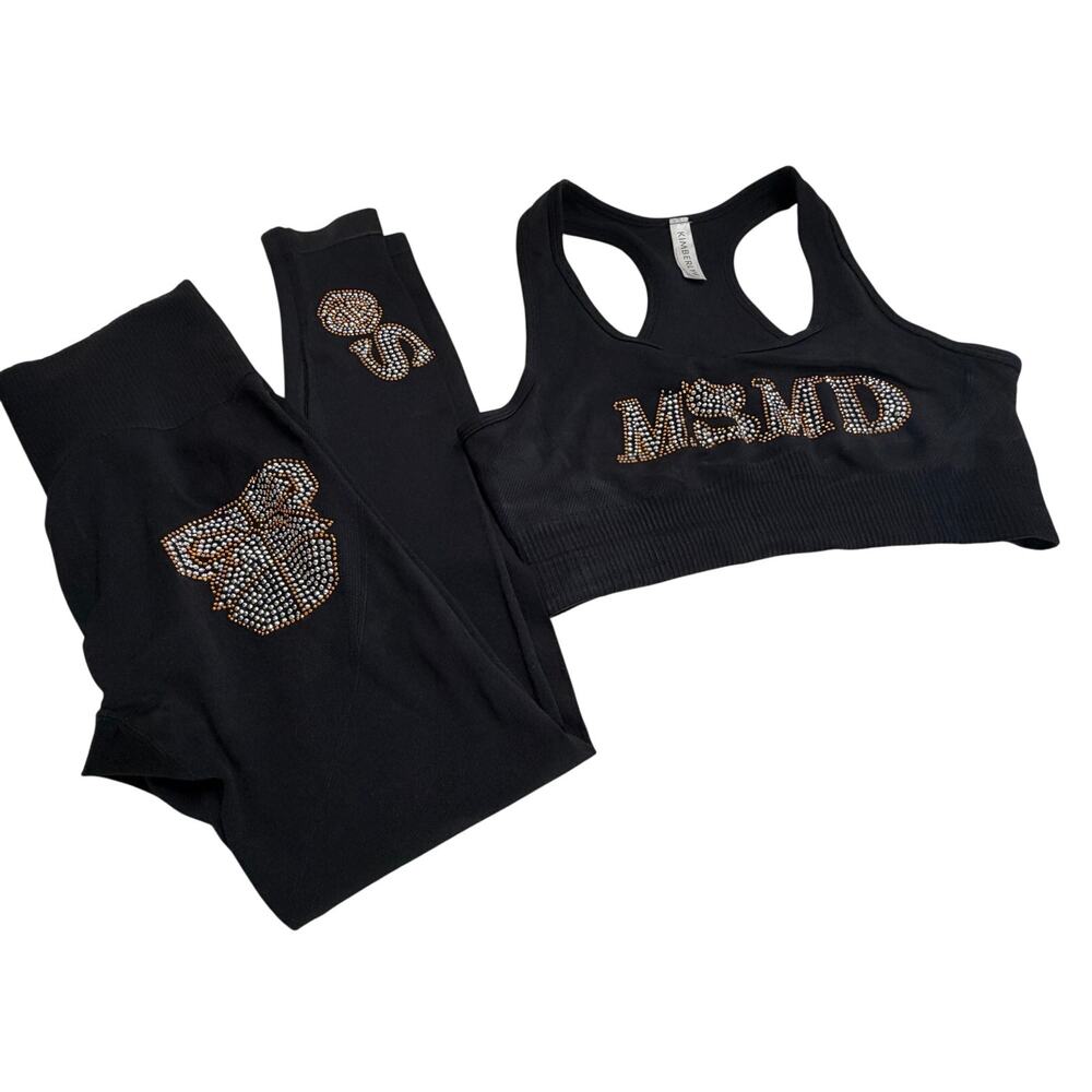 Black athletic sports bra and leggings set embellished with rhinestones Size M